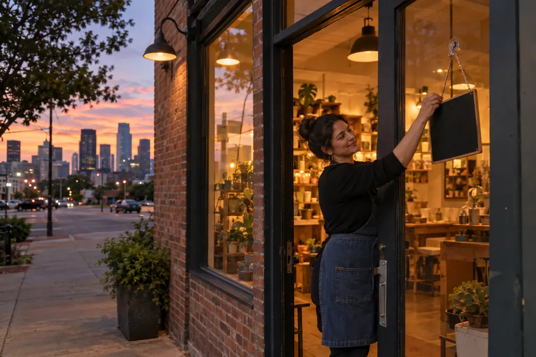 A small business owner hanging a sign on her shop door at dusk in Houston