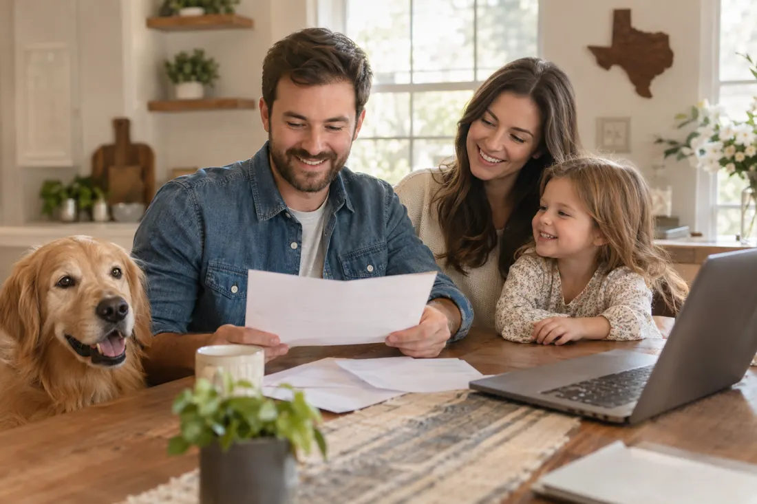 A young family and their golden retriever reviewing papers at the kitchen table