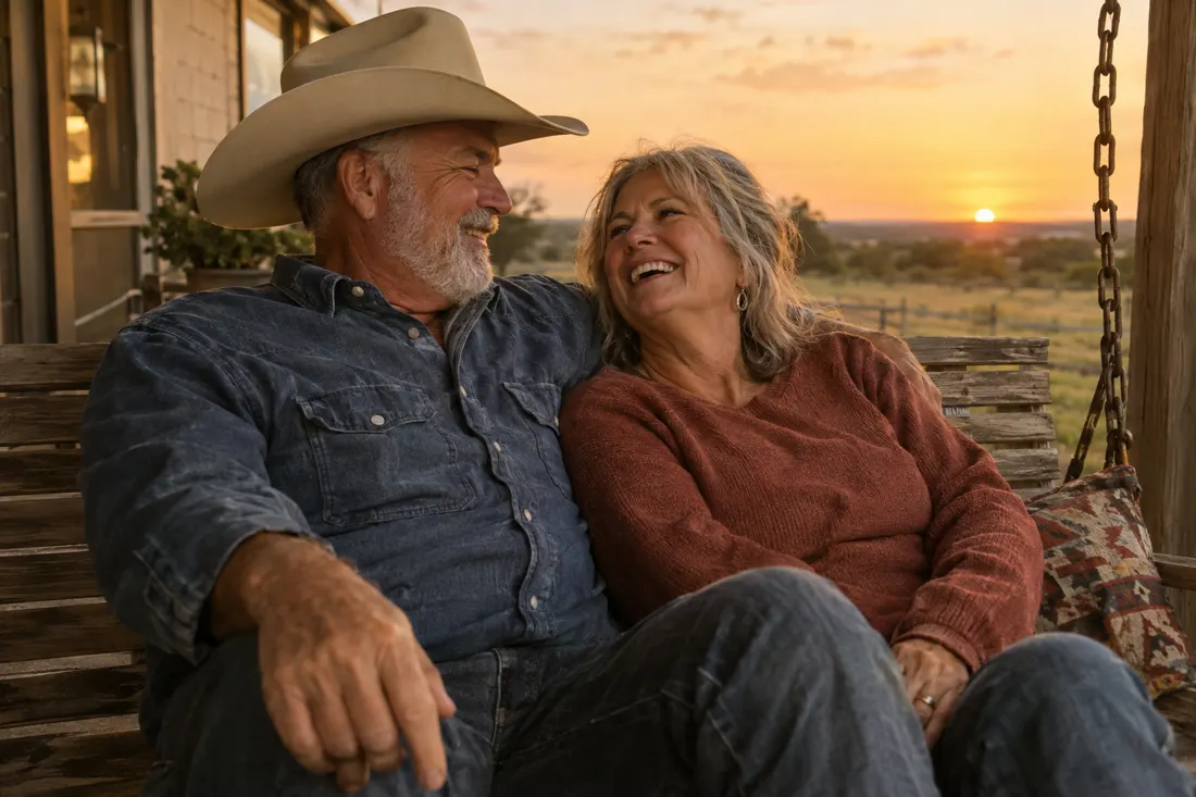 A Texas couple in their sixties laughing together on a porch swing at sunset